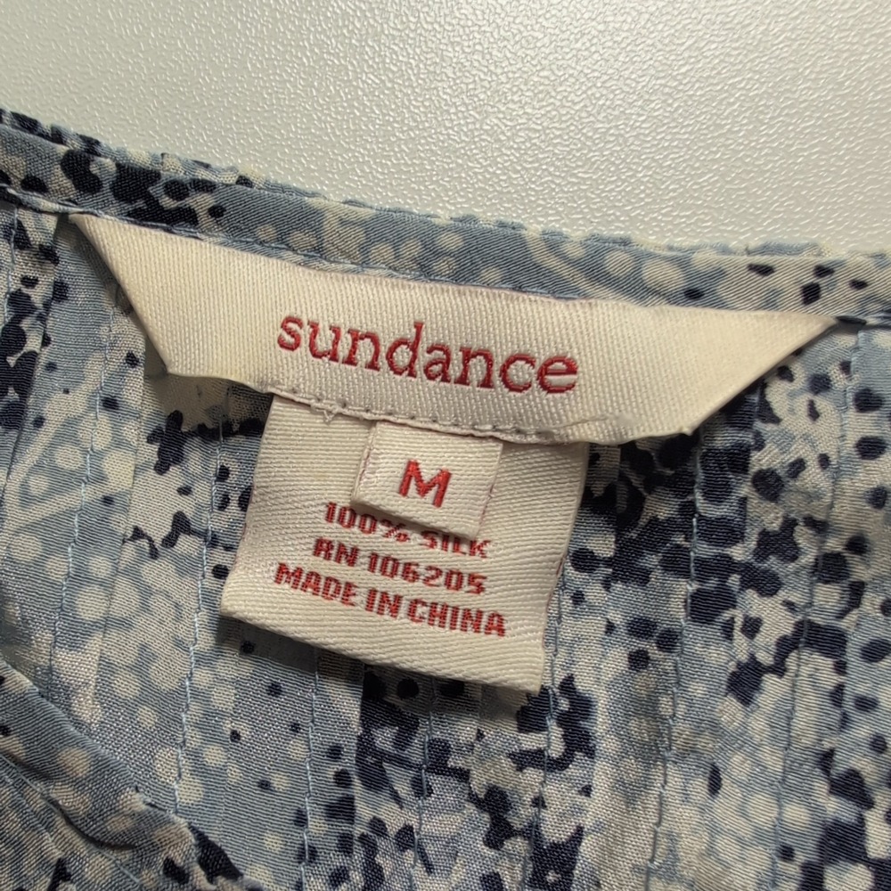 Sundance Blue White Floral 100% Silk Ruffle Cap Sleeve Tie Waist Blouse Medium - Picture 6 of 10